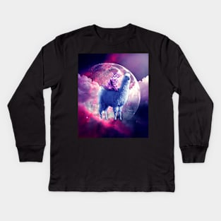 Outer Space Galaxy Kitty Cat Riding On Llama Kids Long Sleeve T-Shirt